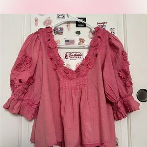 Free People Rose-Pink Floral Appliqué V-Neck Blouse